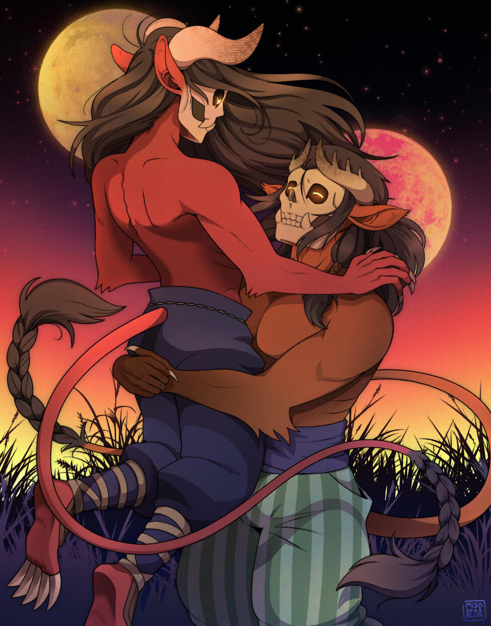 Illustration of two characters, one holding the other up by the waist as they spin through a field at dusk.
