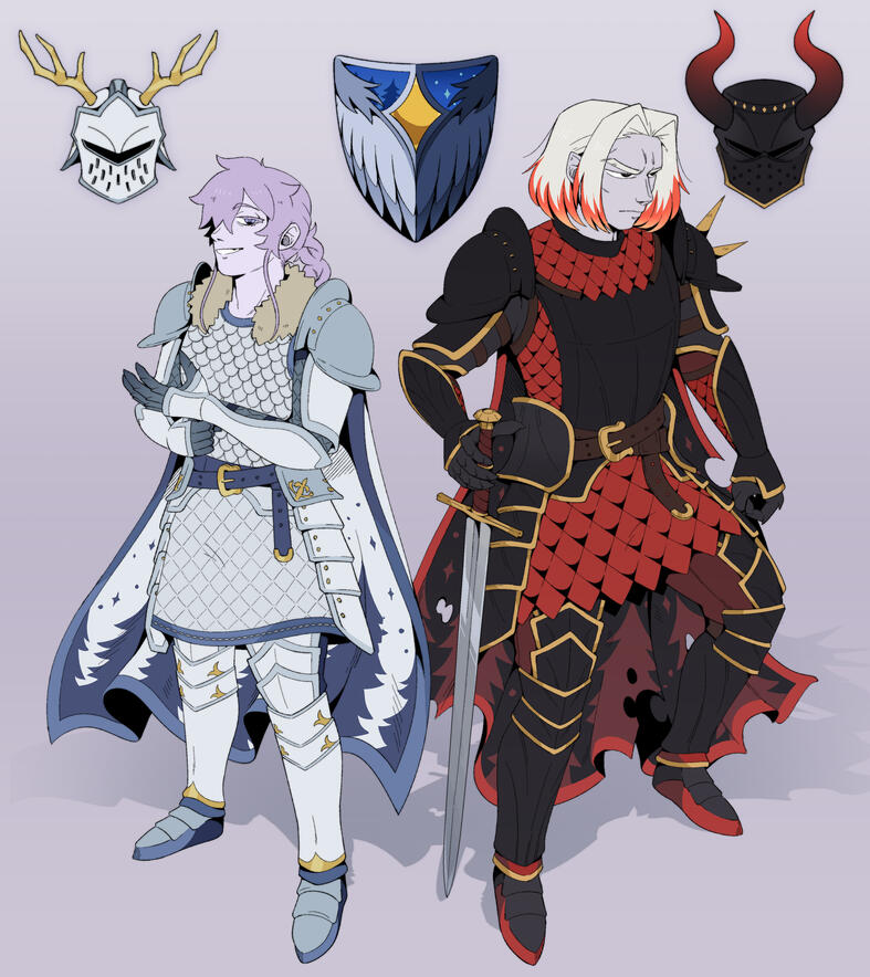 Two knight ocs with their helmets off to show their face while in their armor. A front facing view of their helmets are seen to the left and right of them. In the middle is a symbol representing the kingdom they fight for.