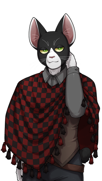 Half-body Illustration of the oc, Michalis, standing with their mouth closed and hand behind their head.