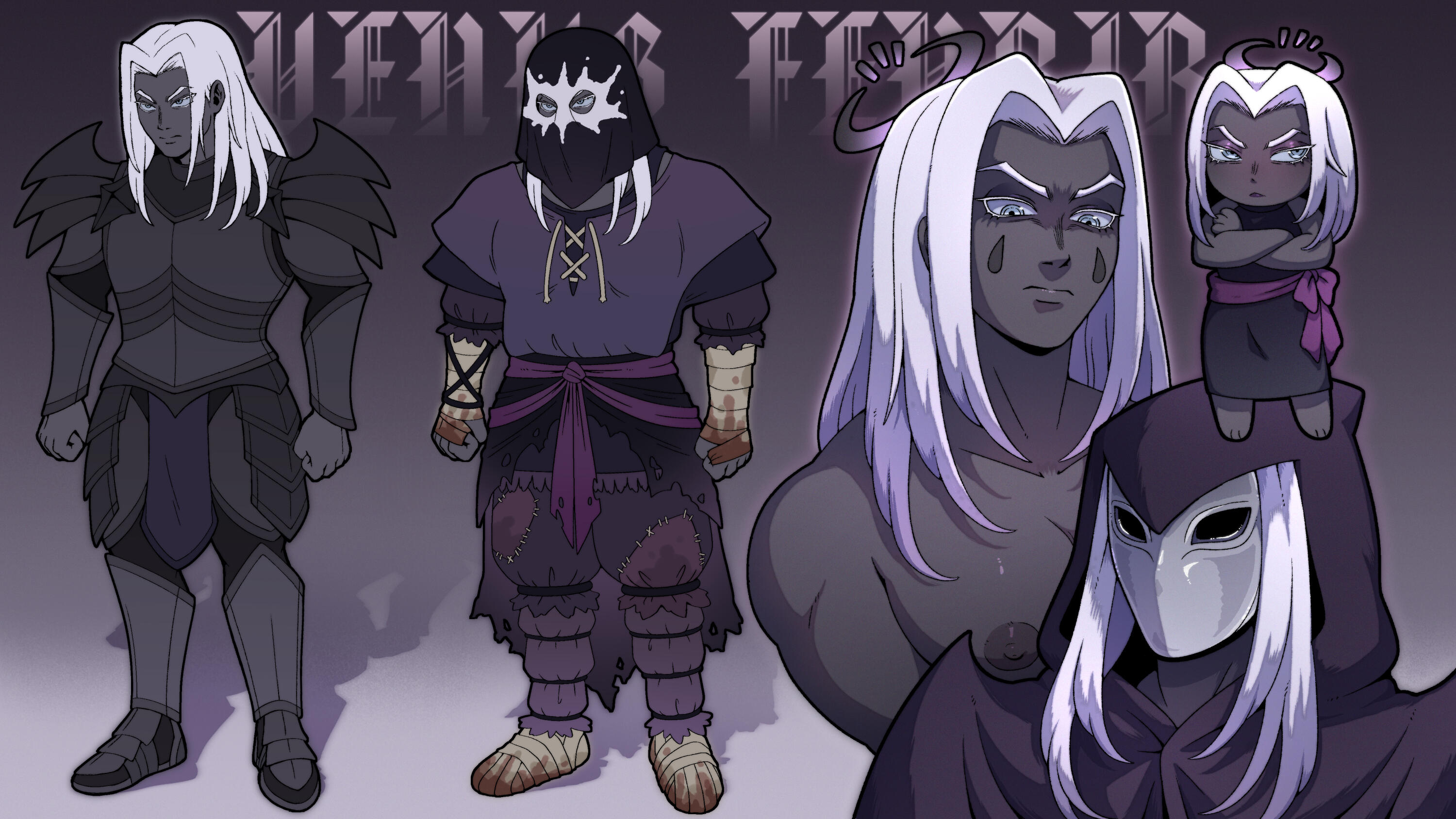 Reference sheet of an asimar night named Venus Fenrir.