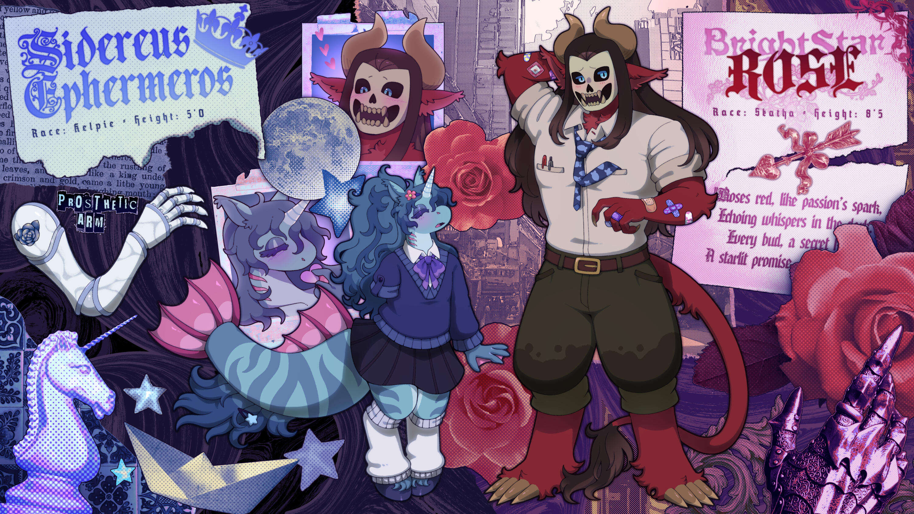 Reference sheet of two different characters surrounded by props related to their personality and design.