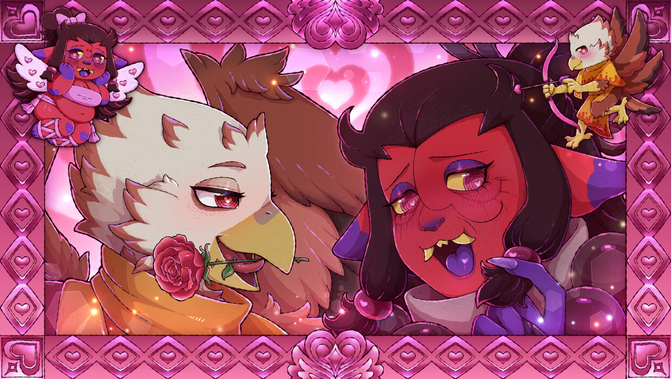 Double portrait of ocs, Mac and Namu, with a frame surrounding them, themed around Valentine's Day.